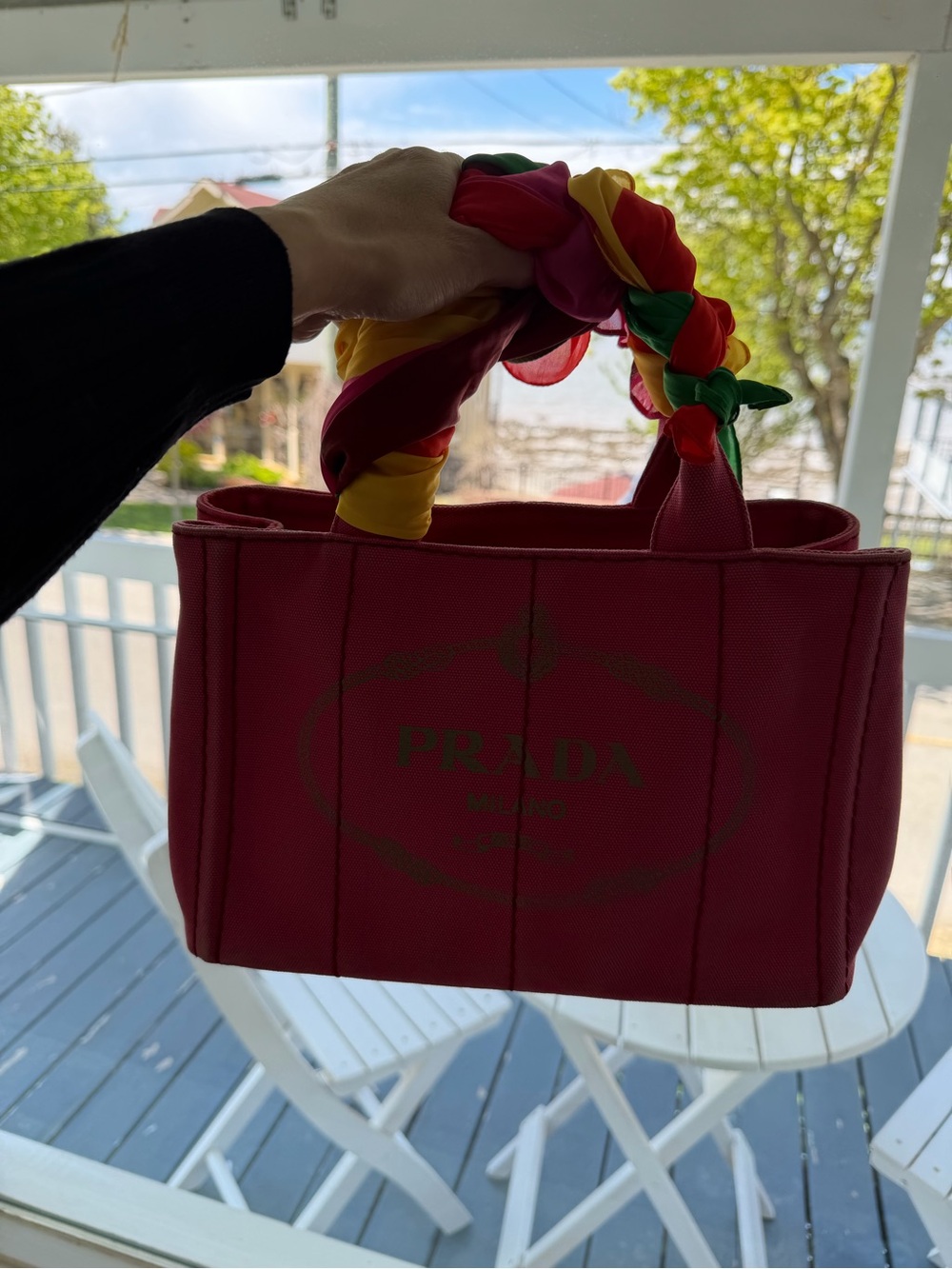 Prada Pink Canvas Tote with Multicolor Scarf-Wrapped Handles - Picture 2 of 5